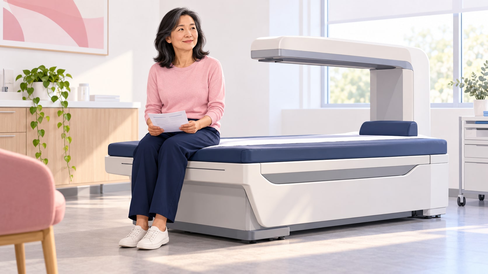 A woman sitting beside a bone-density scanner holding paperwork.