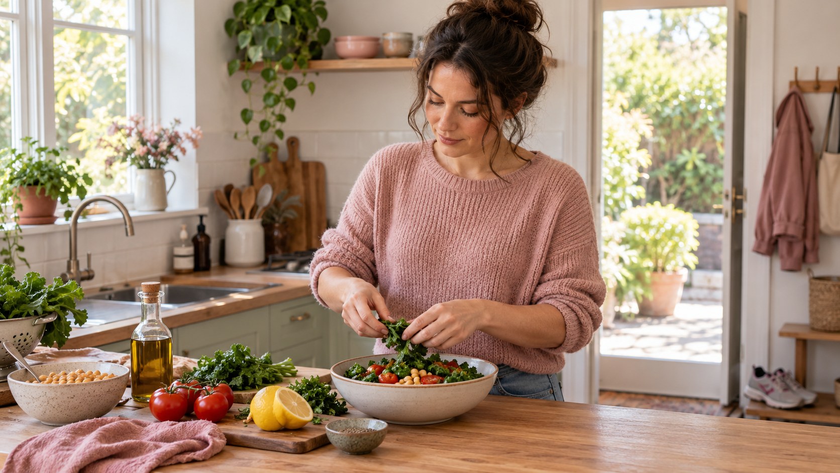 A woman preparing a salad in a sunlit kitchen, with walking shoes beside the back door.