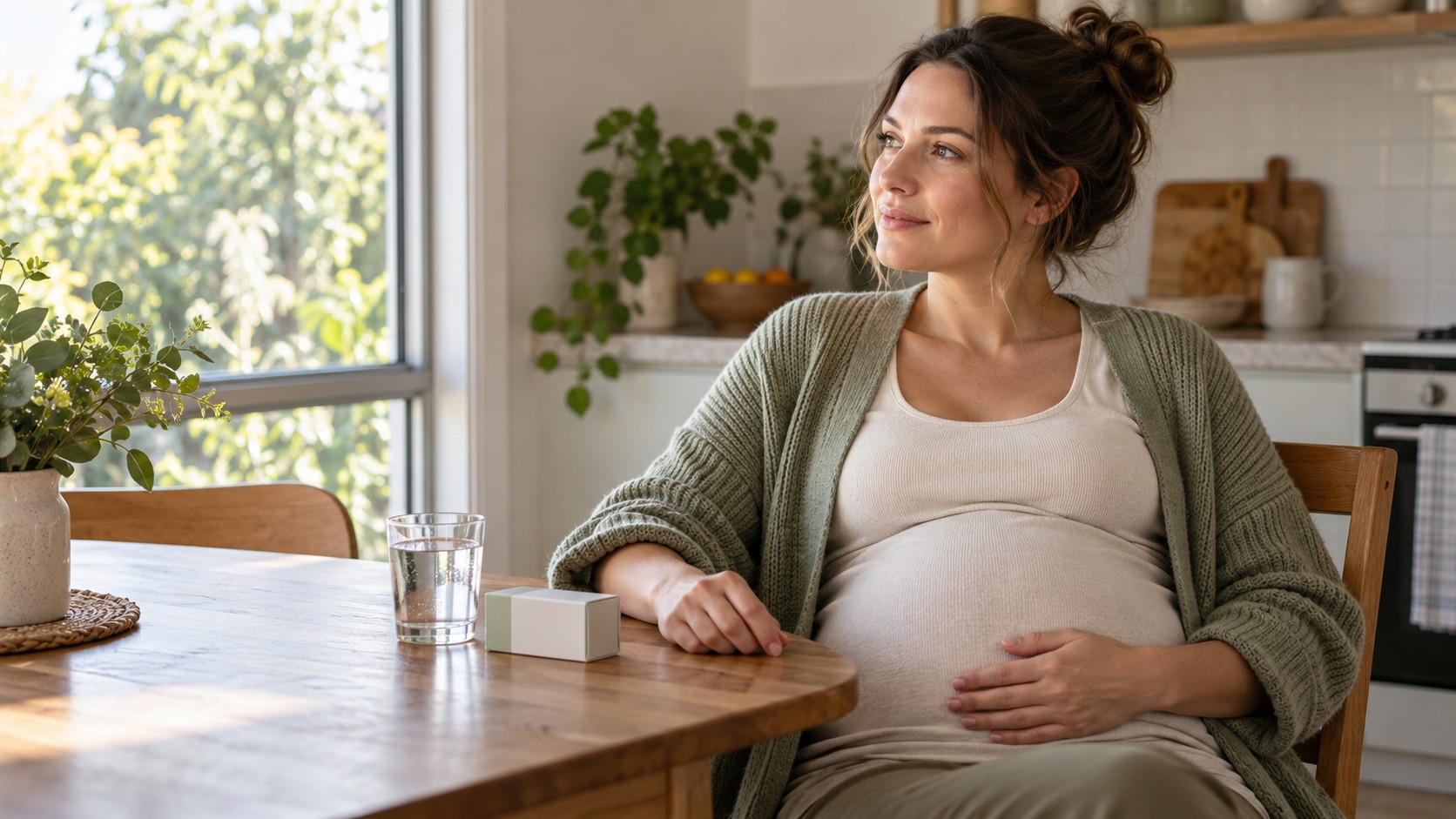 A pregnant woman sitting at a kitchen table beside a glass of water and a medicine box.
