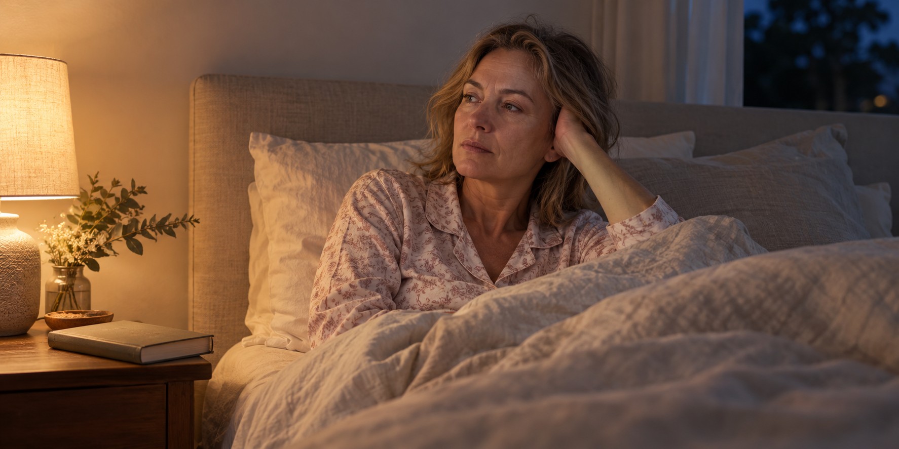 A woman awake in bed beside a softly lit bedside lamp and a closed book.