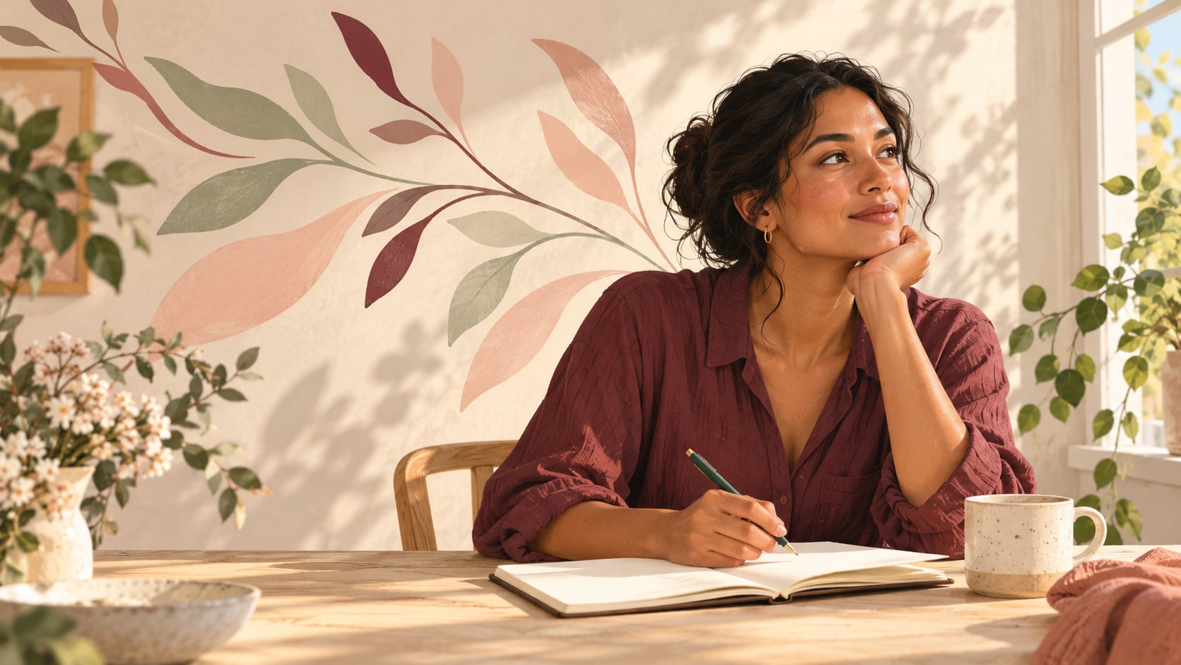 Illustration of a woman sitting with an open notebook beside a sunlit window.