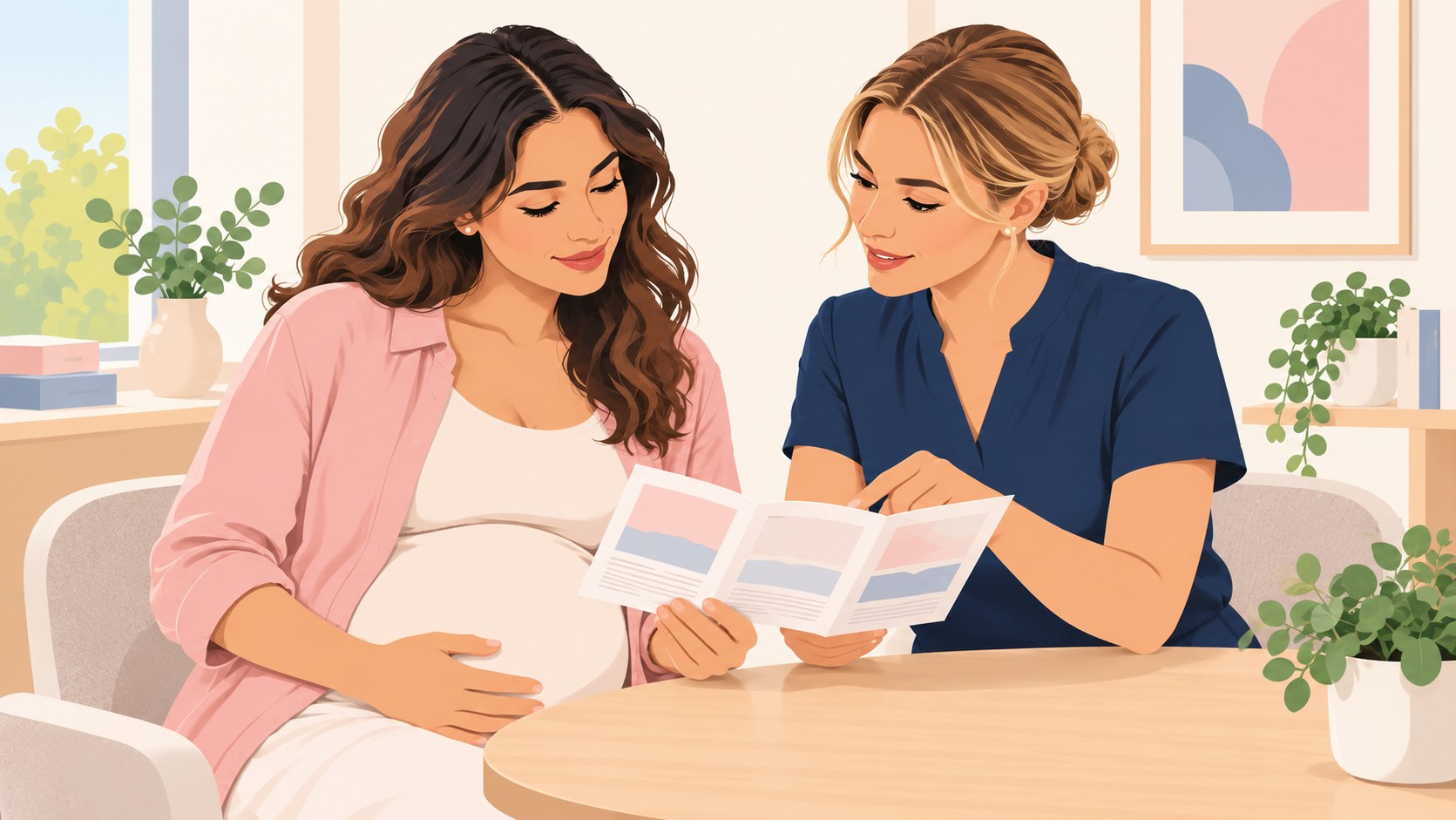 A pregnant woman and pharmacist reviewing an information leaflet together.