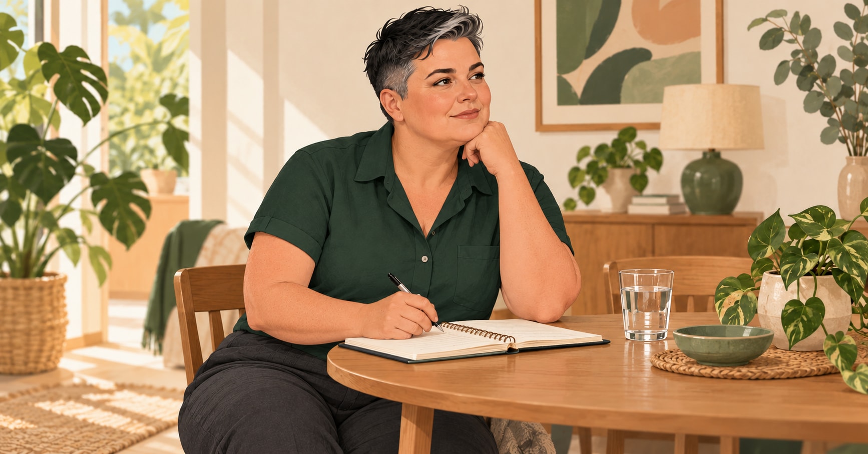 A woman reviewing health notes at a table with a glass of water nearby.