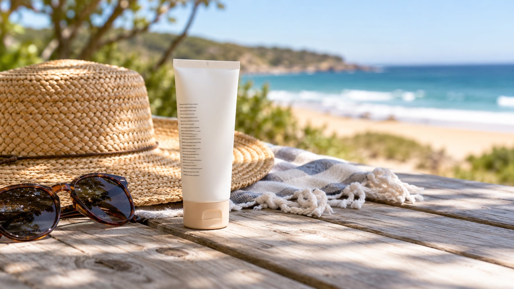 A bottle of sunscreen beside a broad-brimmed hat and sunglasses in warm sunlight.