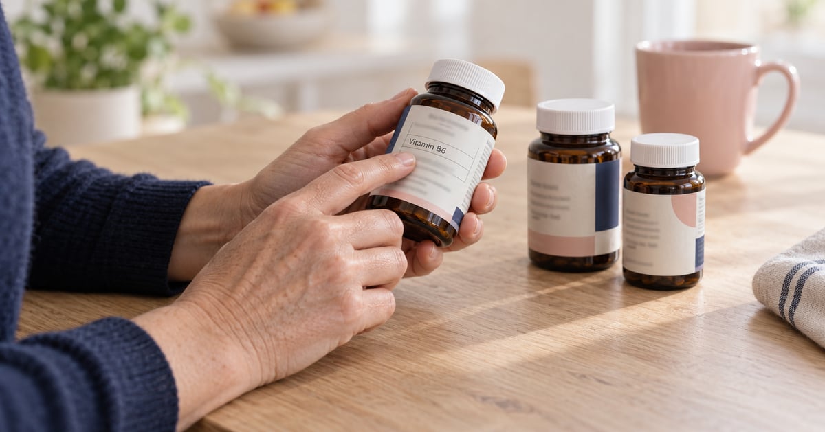 A person checking the vitamin B6 label on a supplement bottle beside other supplements.