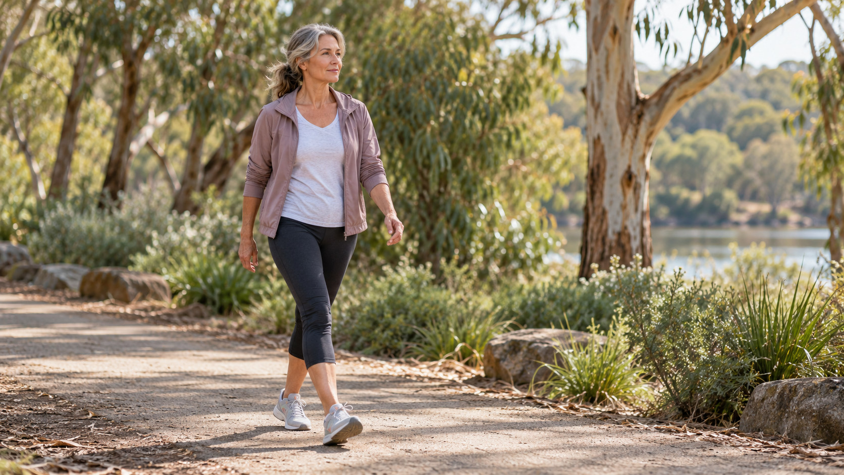 A woman walking along a level path through a leafy Australian park.