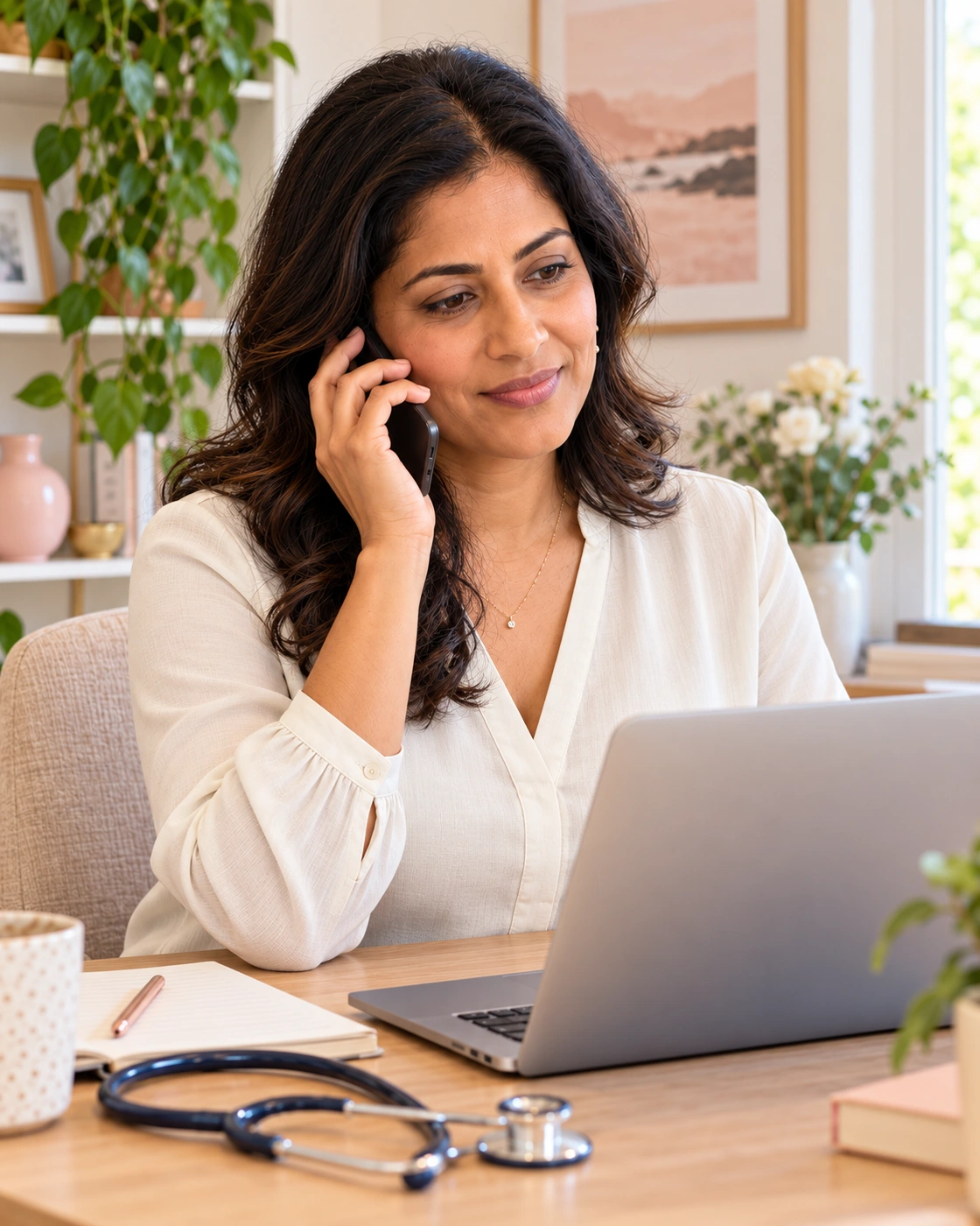 Illustrative image of a woman doctor on the phone at her home-office desk
